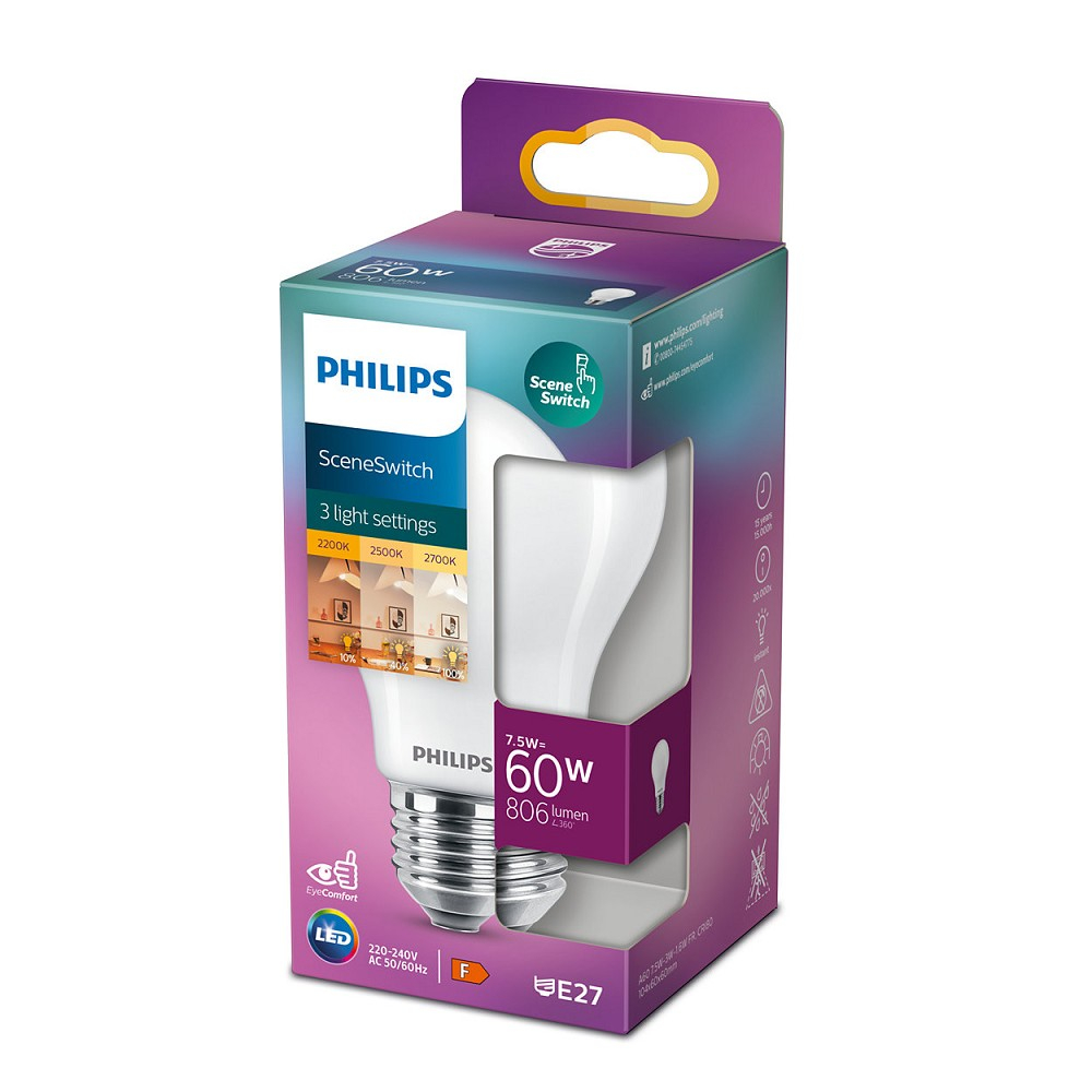 Philips LED Lampe E27 Classic SceneSwitch 8W 2700/2500/2200K 3-Stufen dimmbar Matt