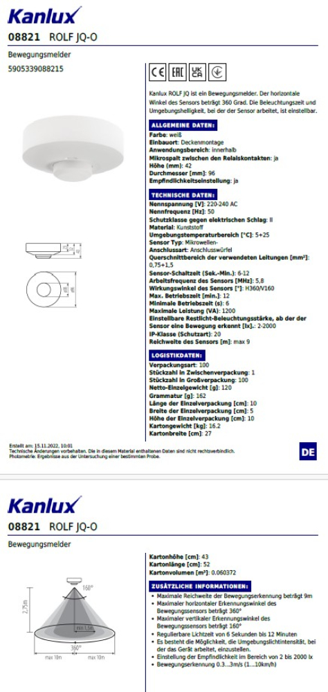 Bewegungsmelder ROLF JQ-O Mikrowellen Sensor H360 V160 Kanlux 08821