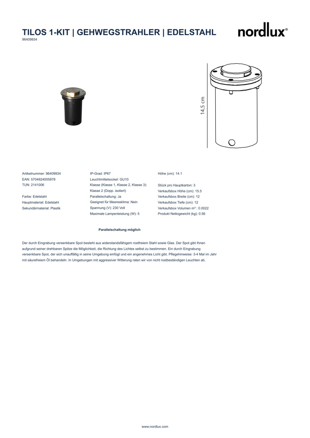 Gehwegstrahler Tilos Effect 1-Kit Nordlux Edelstahl GU10 IP67 Bodeneinbauleuchte 96409934