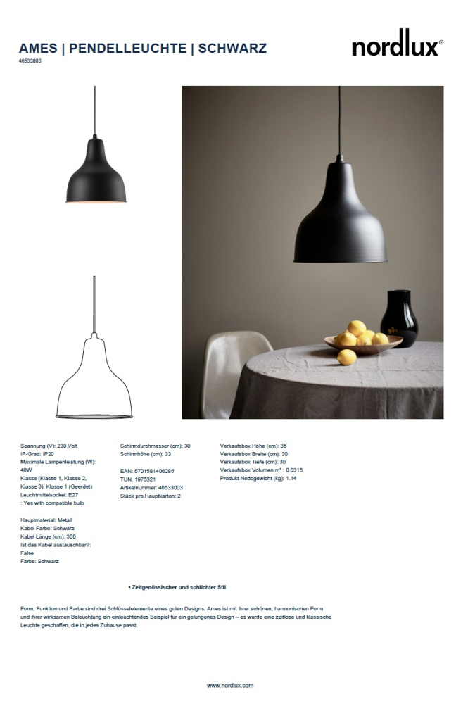 Pendelleuchte Ames Nordlux Pendel schwarz E27