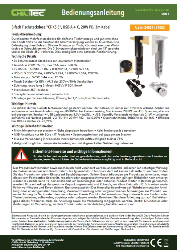 3-fach Tischsteckdosen Einbau "CT-KS 3" USB-A + USB-C, 3m Kabel, schwarz 24051