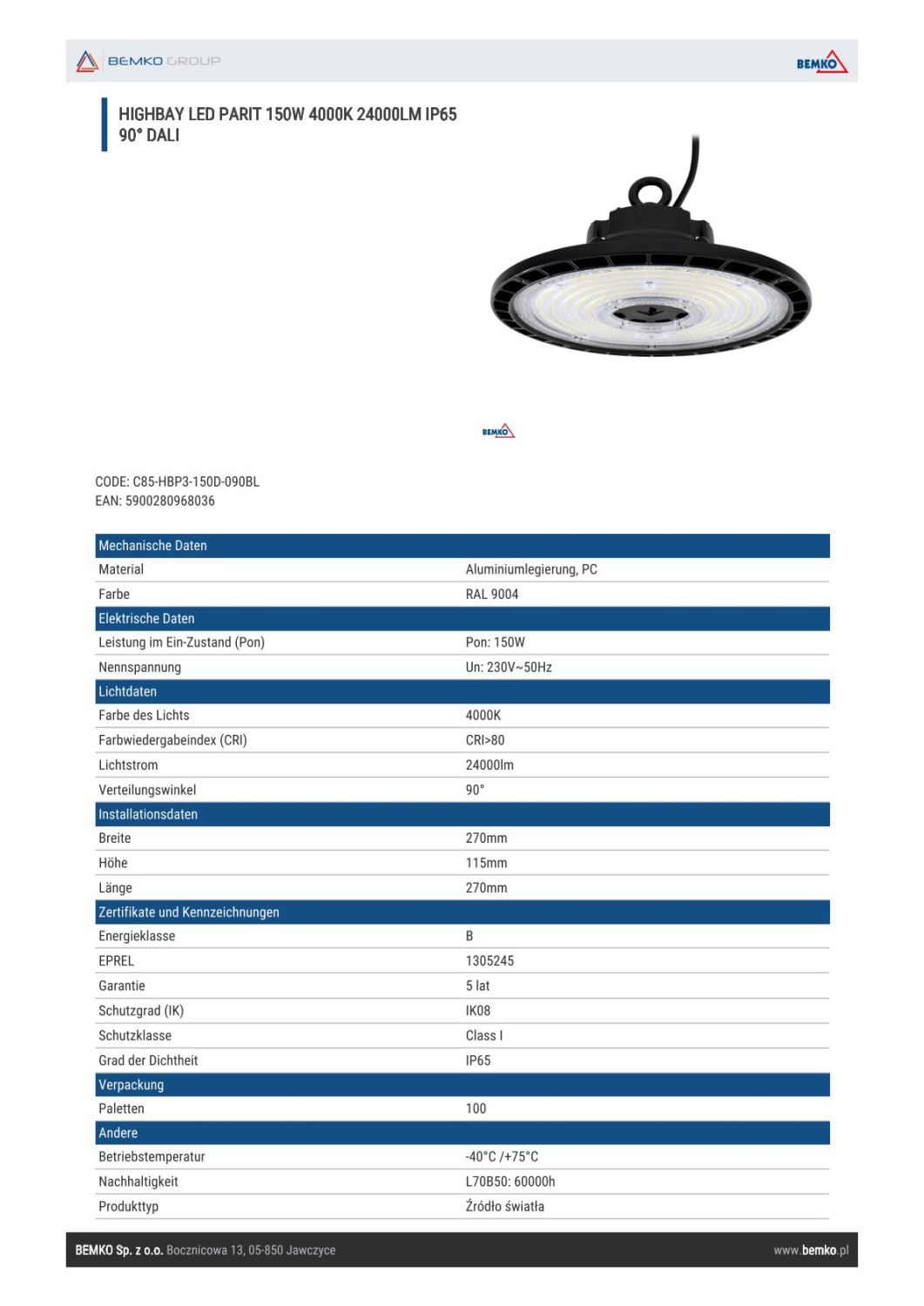 Bemko LED High Bay PARIT 150W 90° 4000K 24000Lm IP65 Hallentiefstrahler DALI