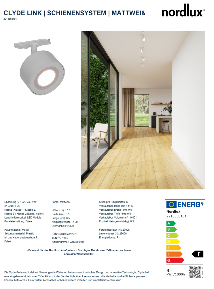 LED Schienenstrahler Nordlux Clyde für Link Schienensystem mattweiß dimmbar mit Moodmaker