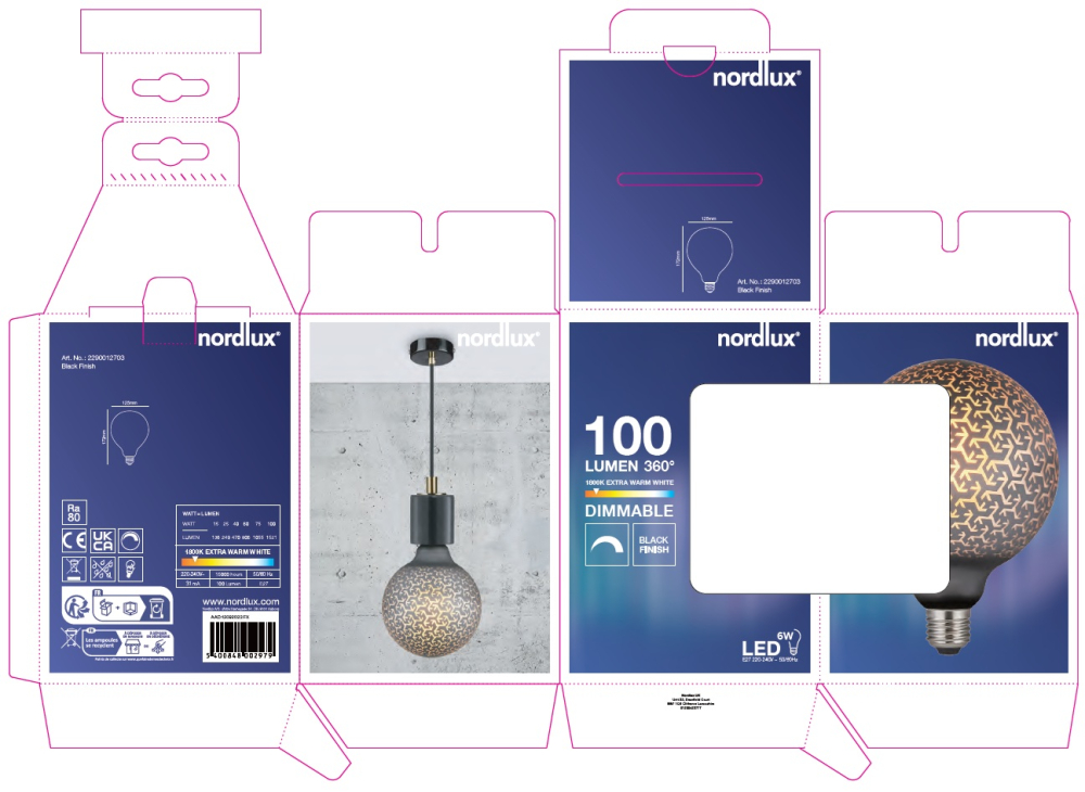 LED Lampe Deco E27 G125 Pattern Dim 6W 1800K 100Lm dimmbar Nordlux 2290012703