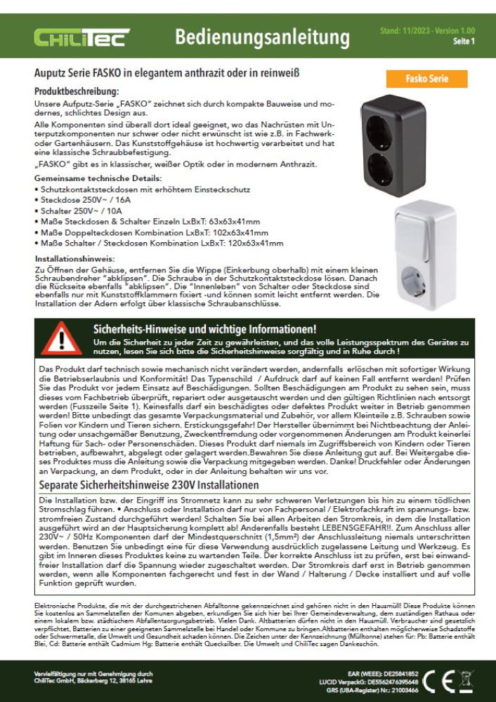 FASKO Wechselschalter weiß Aufputz ChiliTec 23812