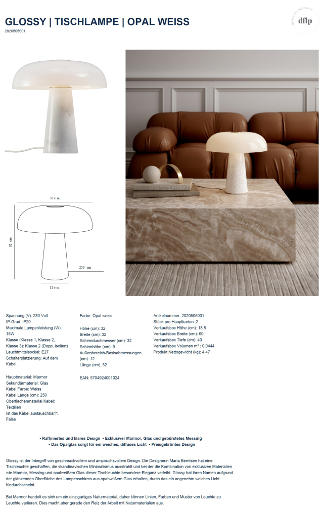 Tischleuchte Glossy Nordlux DFTP E27 Marmor Glas Opal weiss 2020505001