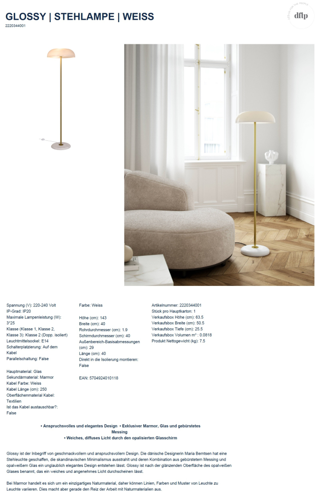 Stehleuchte Glossy Nordlux DFTP 3xE14 Marmor Glas weiss 2220344001