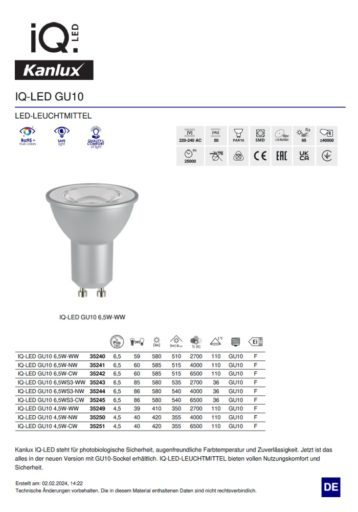 LED Lampe GU10 6,5W 2700K Ra95 510Lm warmweiss Strahler silber IQ-LED Kanlux 35240