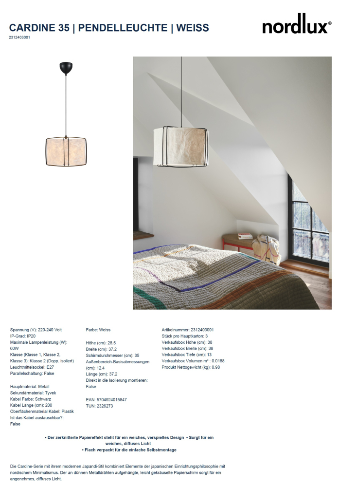 Pendelleuchte Cardine 35 Nordlux weiss Tyvek 2312403001 - zerknitterte Papiereffekt