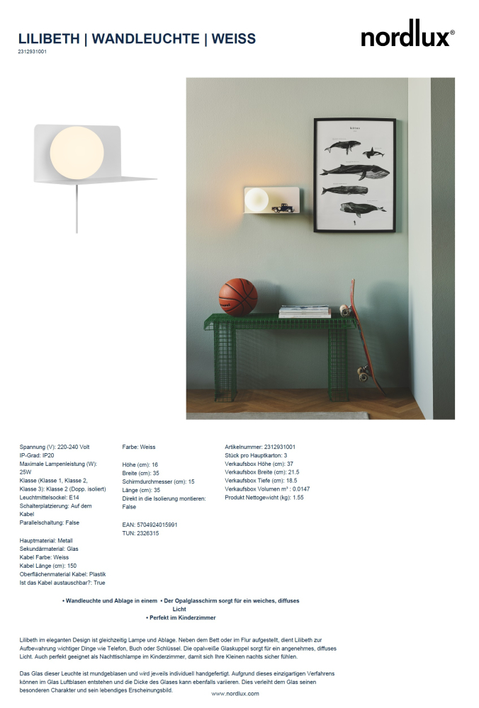 Wandleuchte Lilibeth Nordlux E14 weiss Kinderleuchte mit Ablage 2312931001