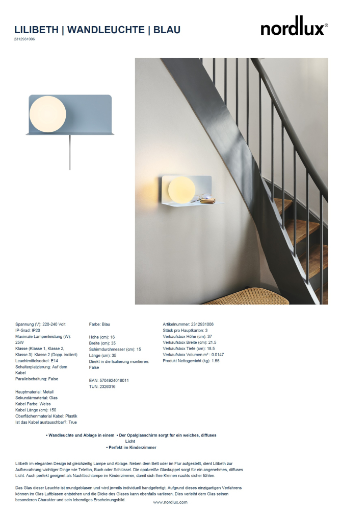 Wandleuchte Lilibeth Nordlux E14 blau mit Ablage Opalglasschirm 2312931006