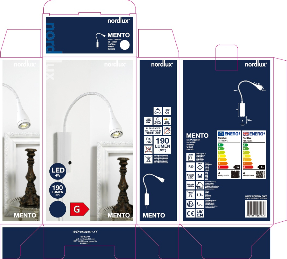 LED Wandleuchte Mento Nordlux weiß 3W Wandlampe 130Lm warmweiß