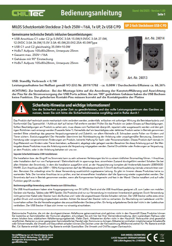 MILOS Steckdose 2-fach USB C/PD anthrazit mit Einstecksicherung 24014