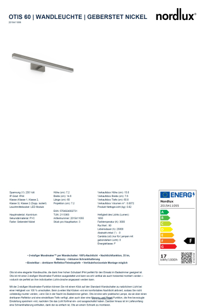 LED Spiegelleuchte Otis 60 Nickel Nordlux IP44 Moodmaker Dimming 17W 1650Lm 3000K
