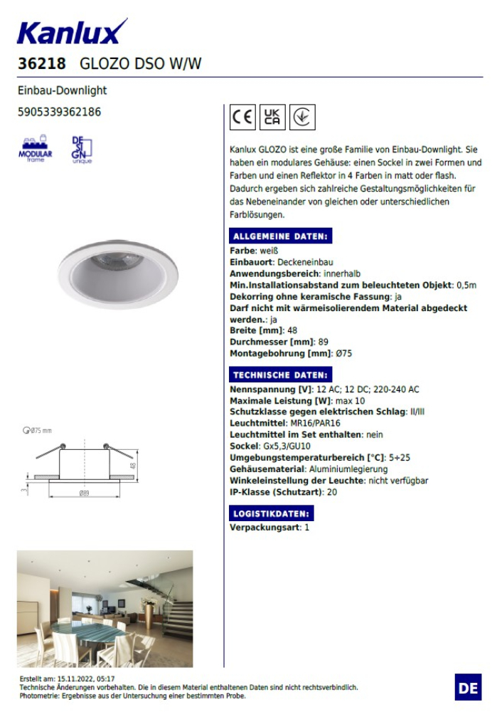 Einbaurahmen Einbau-Downlight GLOZO DSO W/W Deckeneinbauleuchte 36218