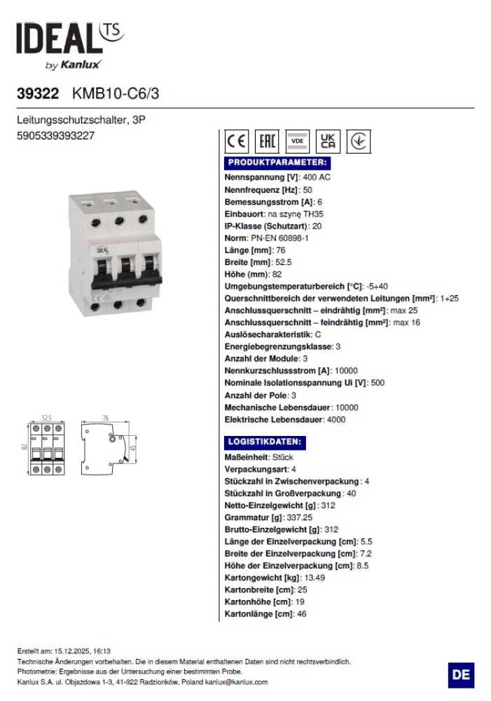 Leitungsschutzschalter Ideal KMB10 C6 3P 6A 39322