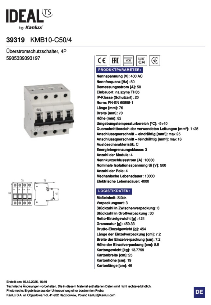 Leitungsschutzschalter Ideal 4P KMB10-C50/4 39319