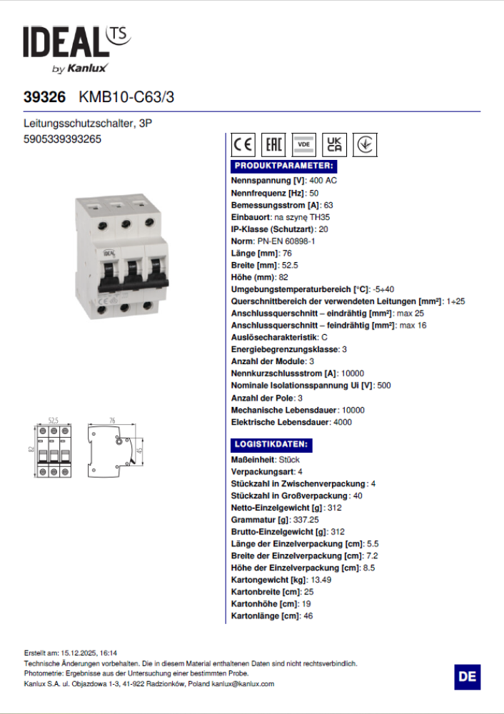 Leitungsschutzschalter Ideal KMB10-C63/3 39326
