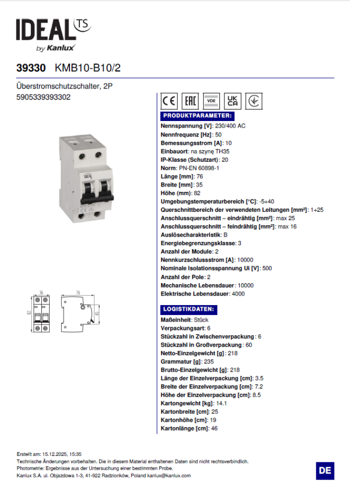 Leitungsschutzschalter Ideal KMB10-B10/2 39330