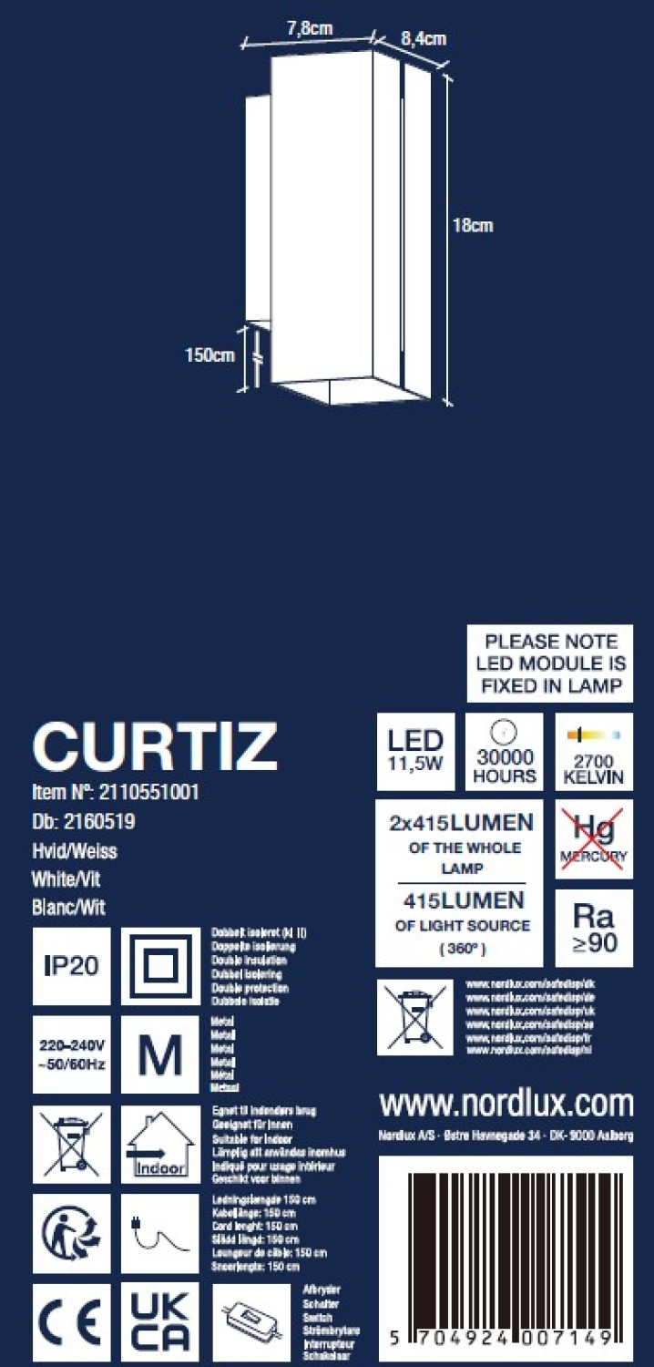 Dänische LED Wandleuchte Curtiz mattweiss Nordlux Alu 2700K Moodmaker dimmen RA90 2110551001