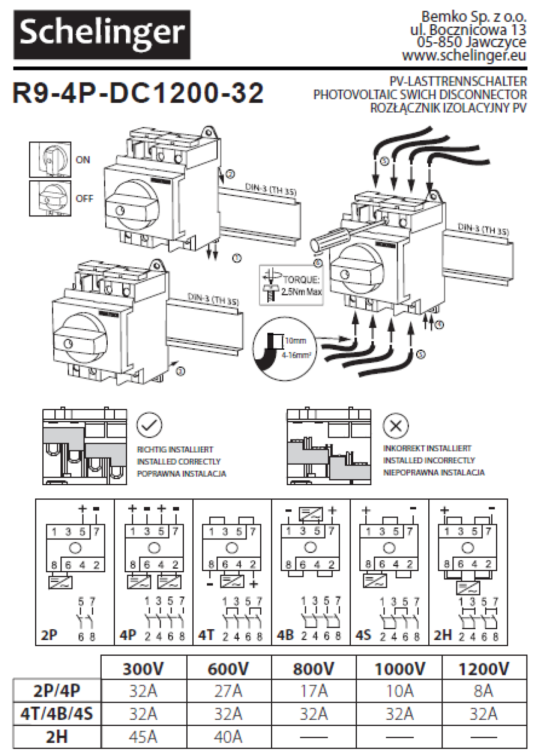 Schelinger Schalter-Trenner PV 4P 32A 1200DC 8kV A11-R9-4P-DC1200-32