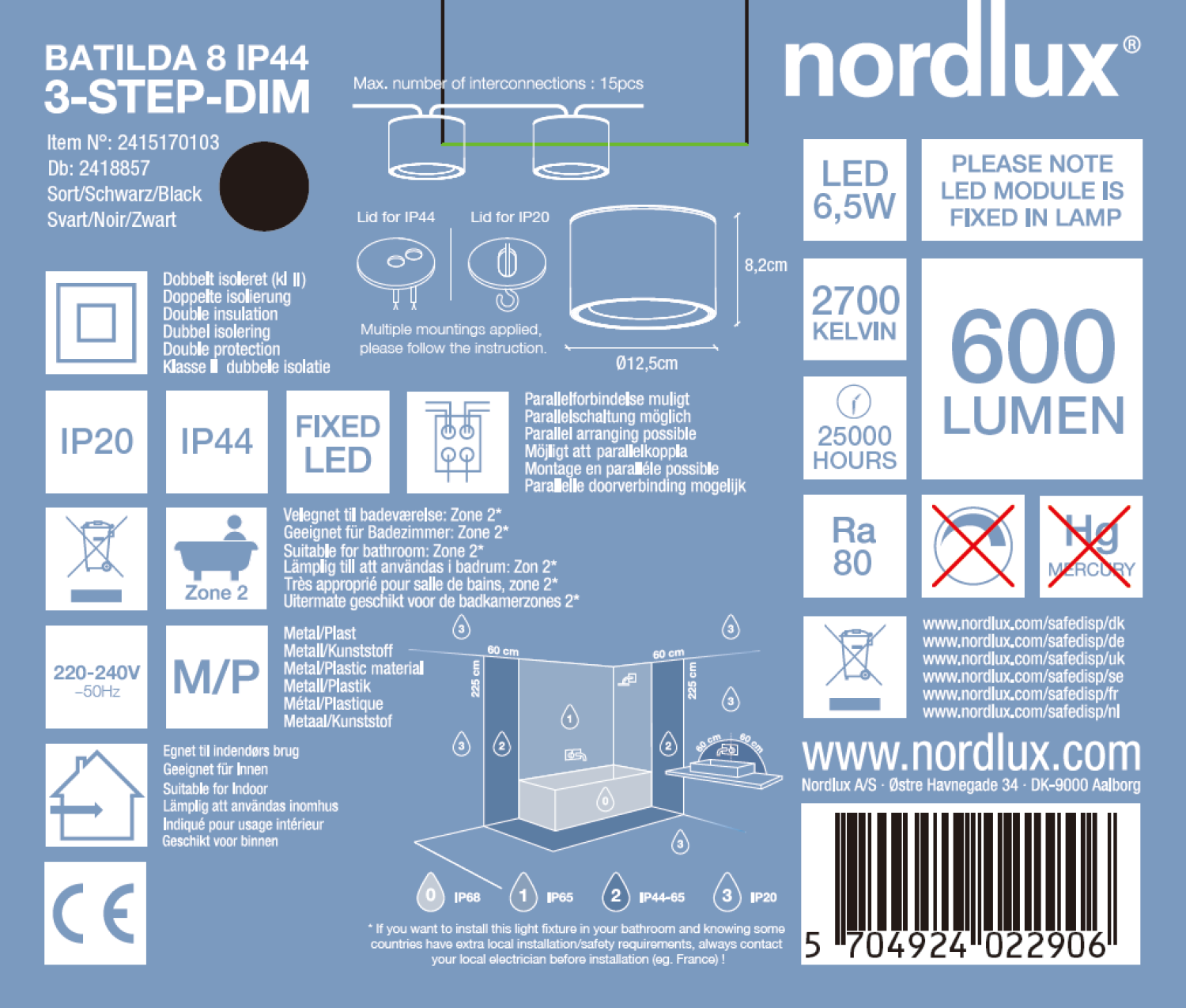 Nordlux BATILDA Bath Aufbaustrahler Schwarz Moodmaker IP20/44 Badleuchte Dimmen 2415170103