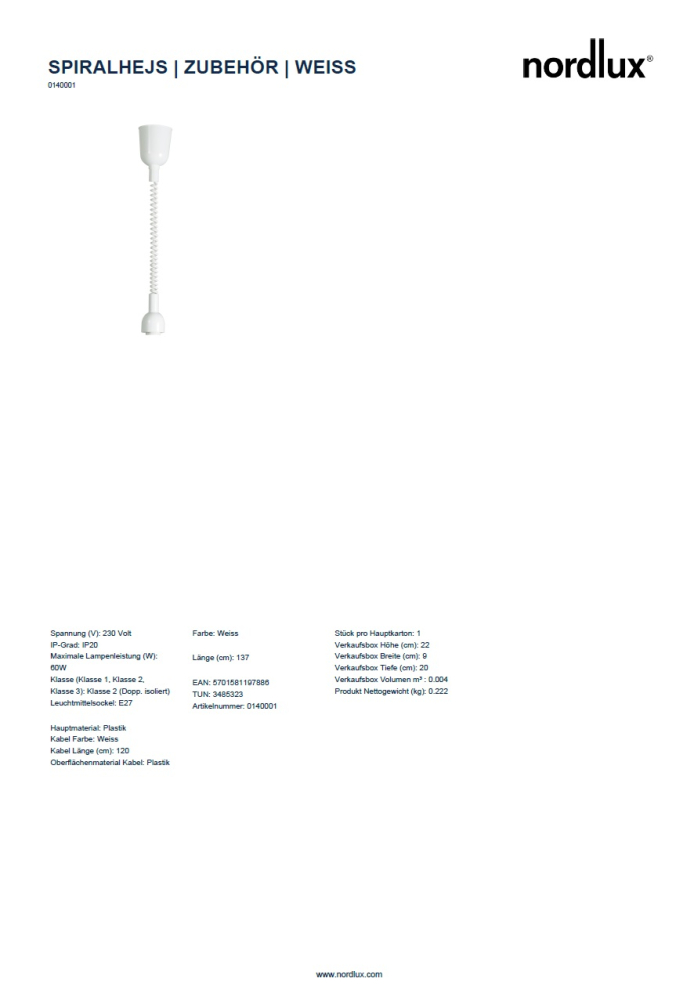 Nordlux Spiralzug Spiralhejs Hängeleuchte E27 Pendelaufhängung Weiss 140001