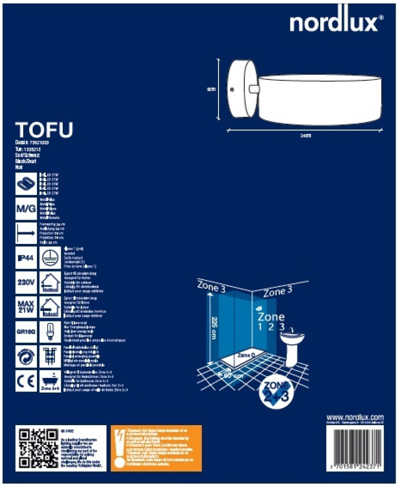 Wandleuchte Nordlux Tofu 20 schwarz rund ohne Leuchtmittel