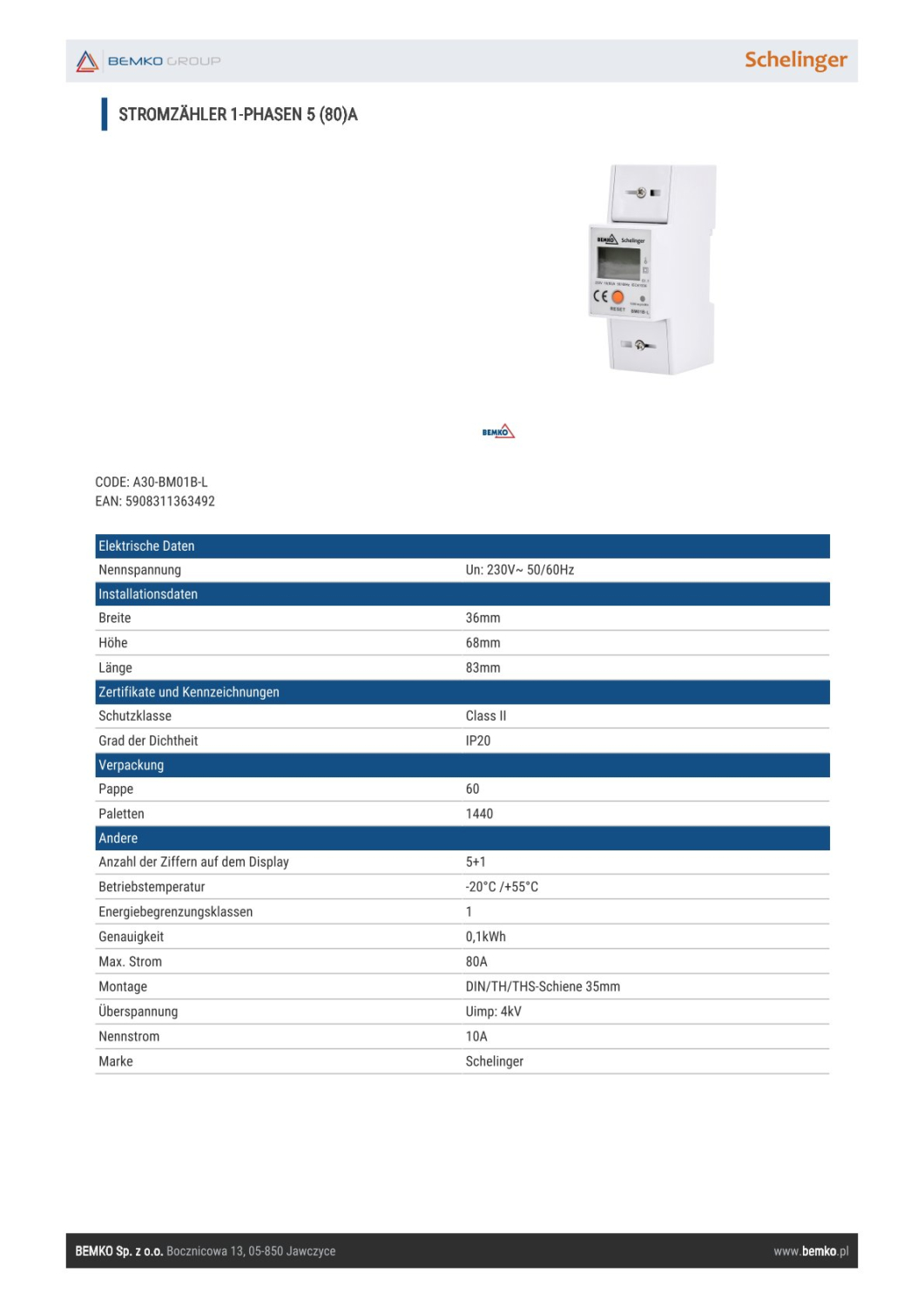 Schelinger Stromzähler 1-Phasen 5(80)A elektronisch A30-BM01B-L
