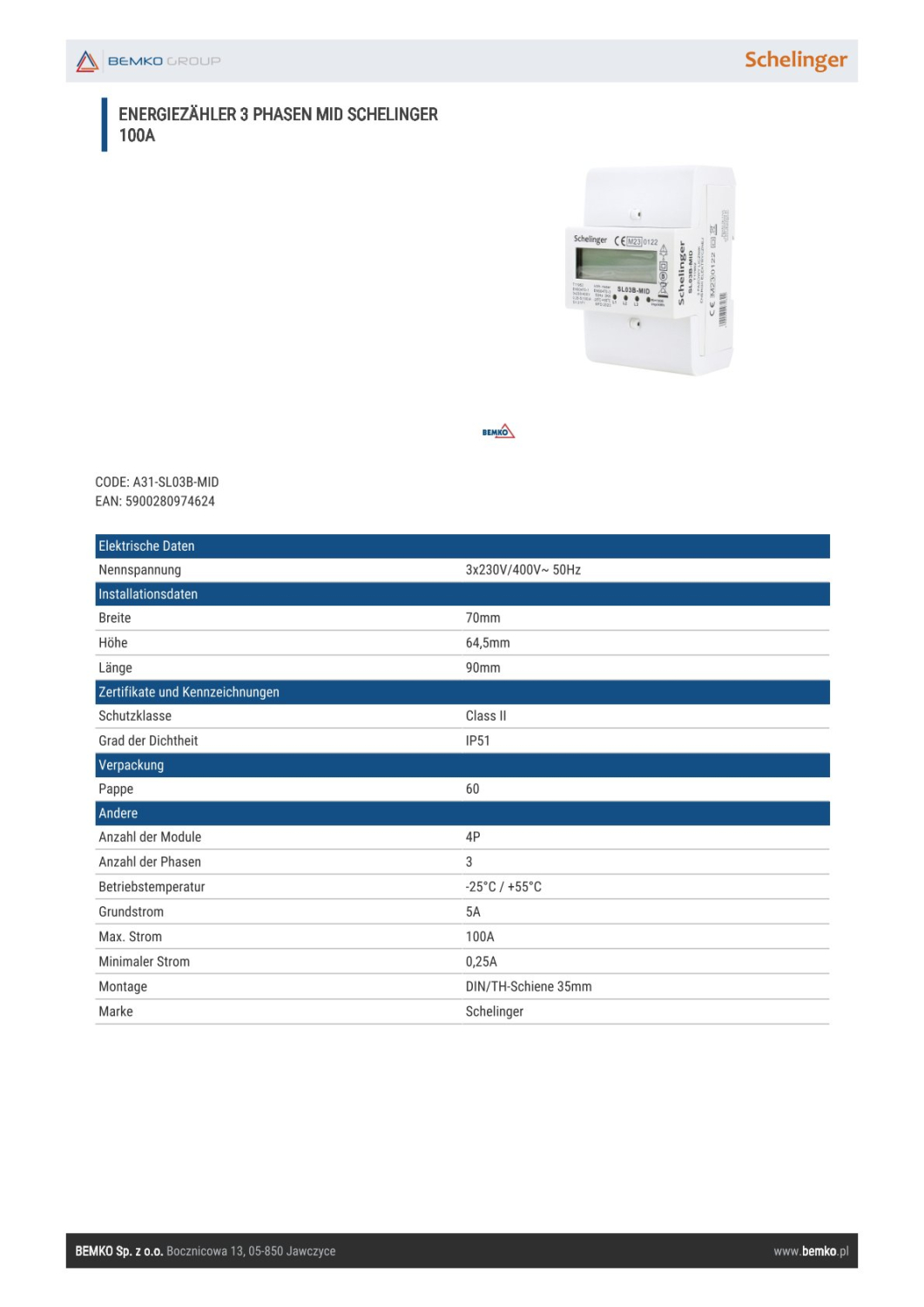 Schelinger Stromzähler 3-Phasen MID 100A Energiezähler elektronisch A31-SL03B-MID