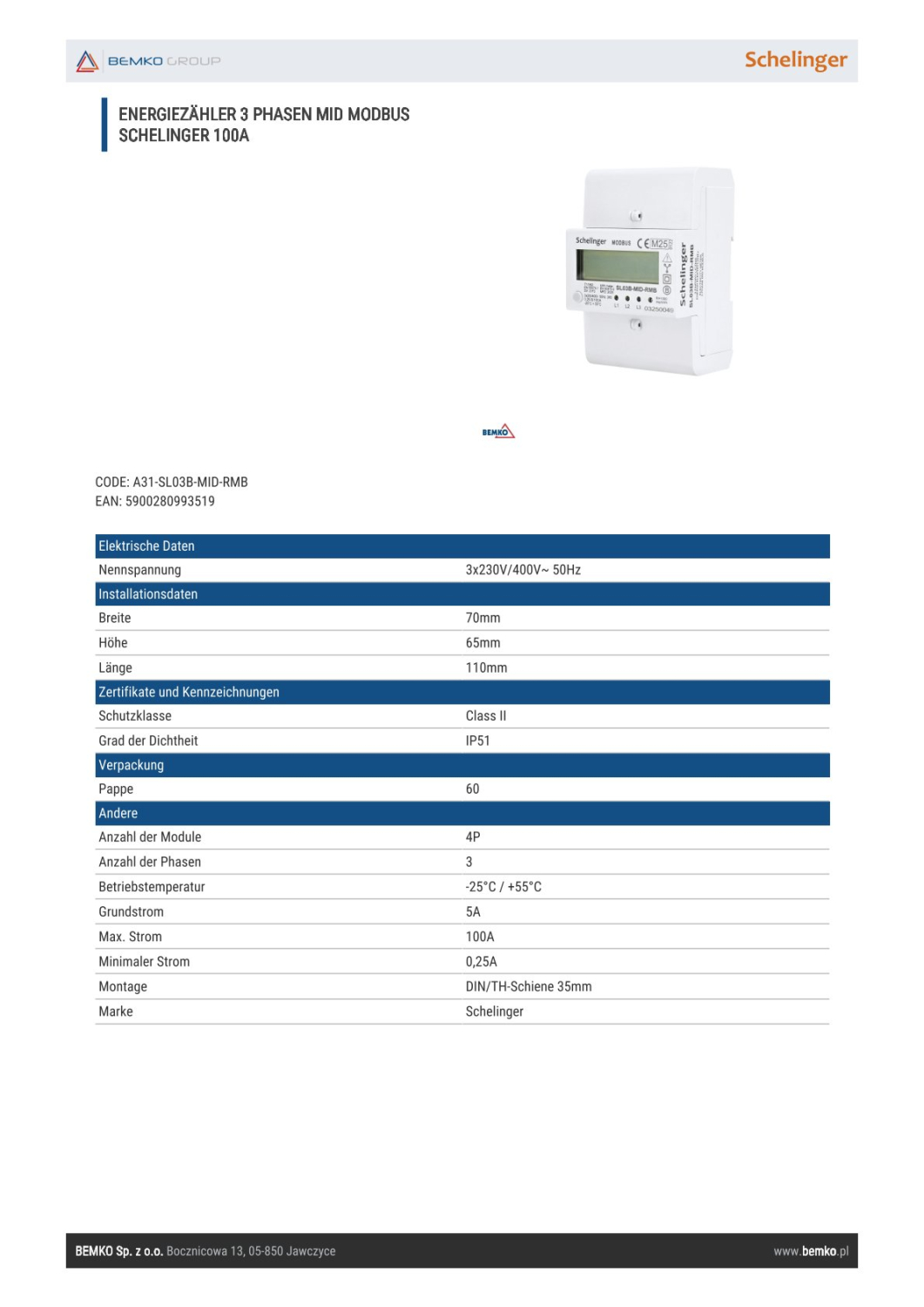 Schelinger Stromzähler 3-Phasen MID MODBUS 100A elektronisch A31-SL03B-MID-RMB