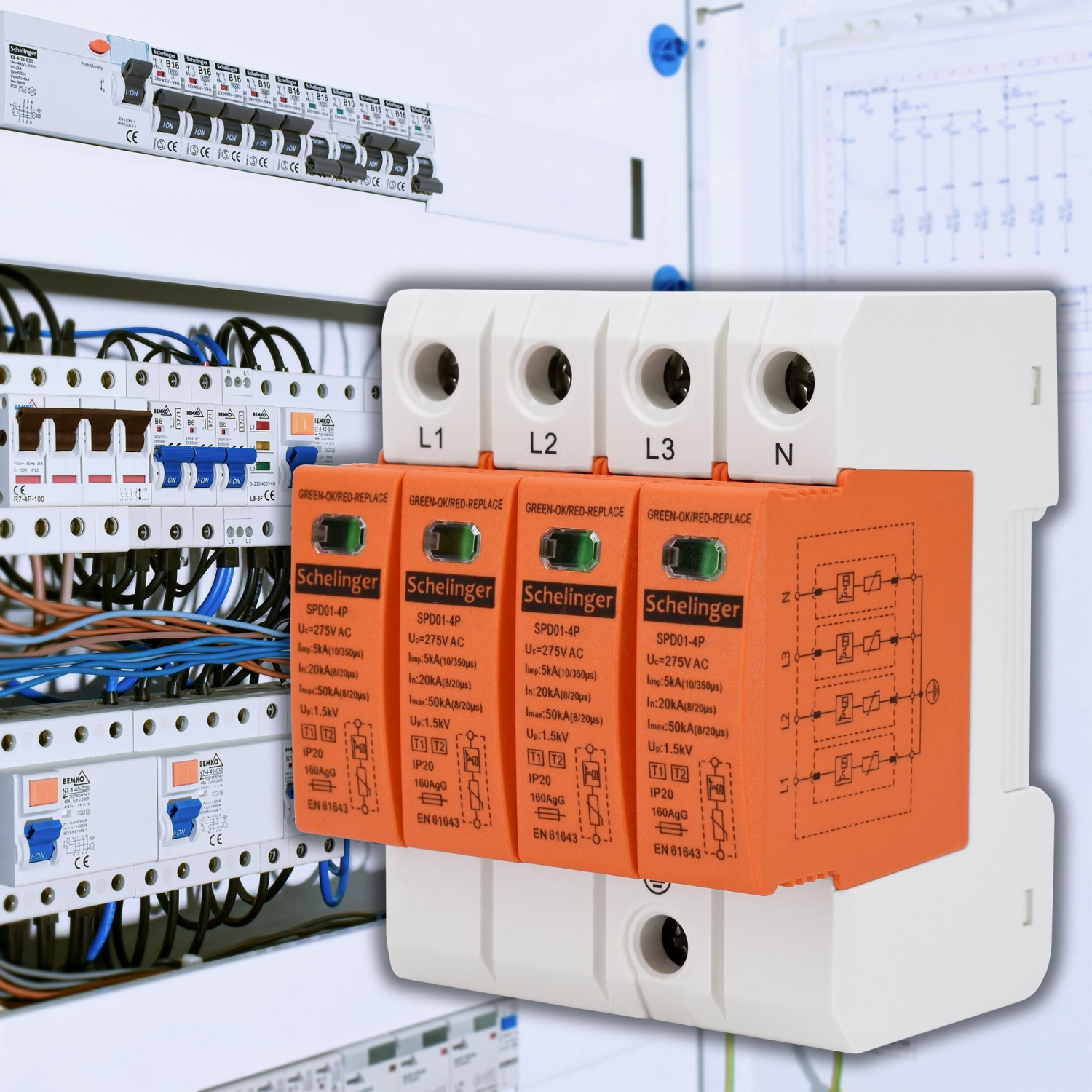 Schelinger Überspannungsschutz 4P 5kA(10/350) Typ T1+T2 (B+C) A51-SPD01-4P-B+C