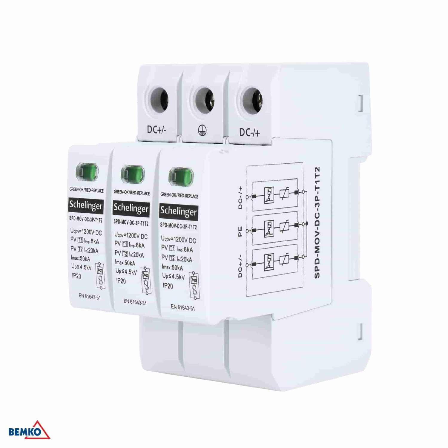 Schelinger Überspannungsschutz 3P 8kA DC 1200V Typ T1+T2 (B+C) A53-SPD-MOV-DC-3P-T1T2
