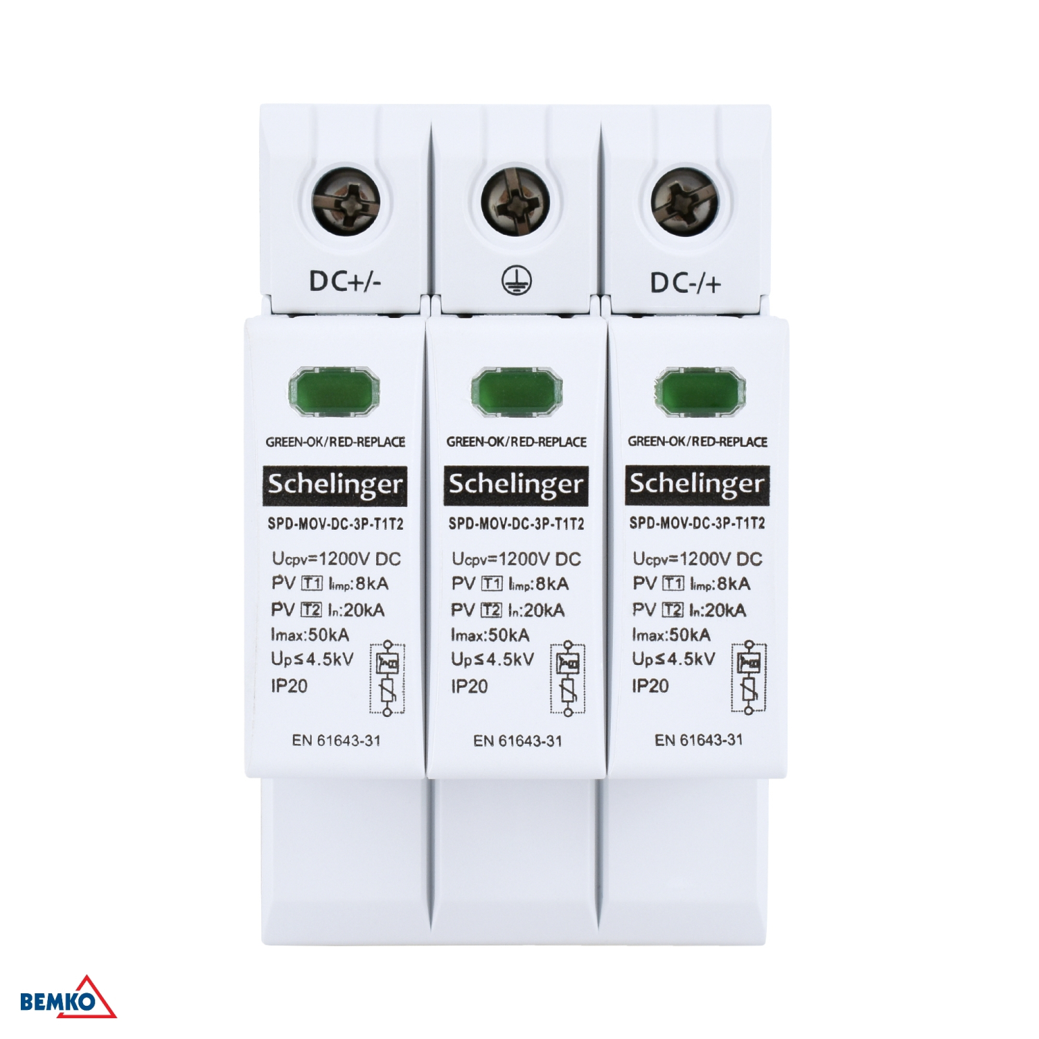 Schelinger Überspannungsschutz 3P 8kA DC 1200V Typ T1+T2 (B+C) A53-SPD-MOV-DC-3P-T1T2