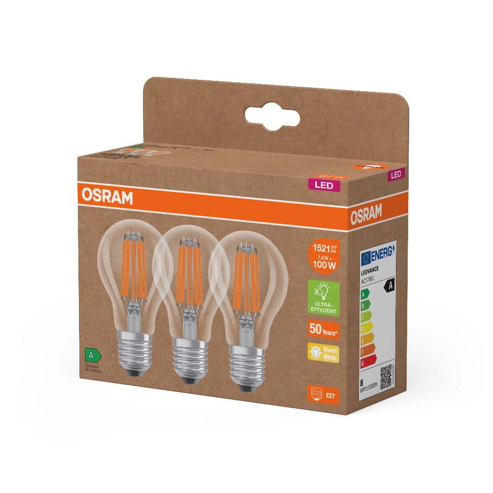 3er Set Osram Filament LED Lampe E27 7,2W 2700K warmweiss 1521Lm