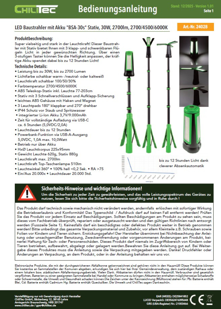 30W LED Baustrahler mit Akku "BSA-30s" Stativ 2700lm 2700K 4500K 6000K 24028