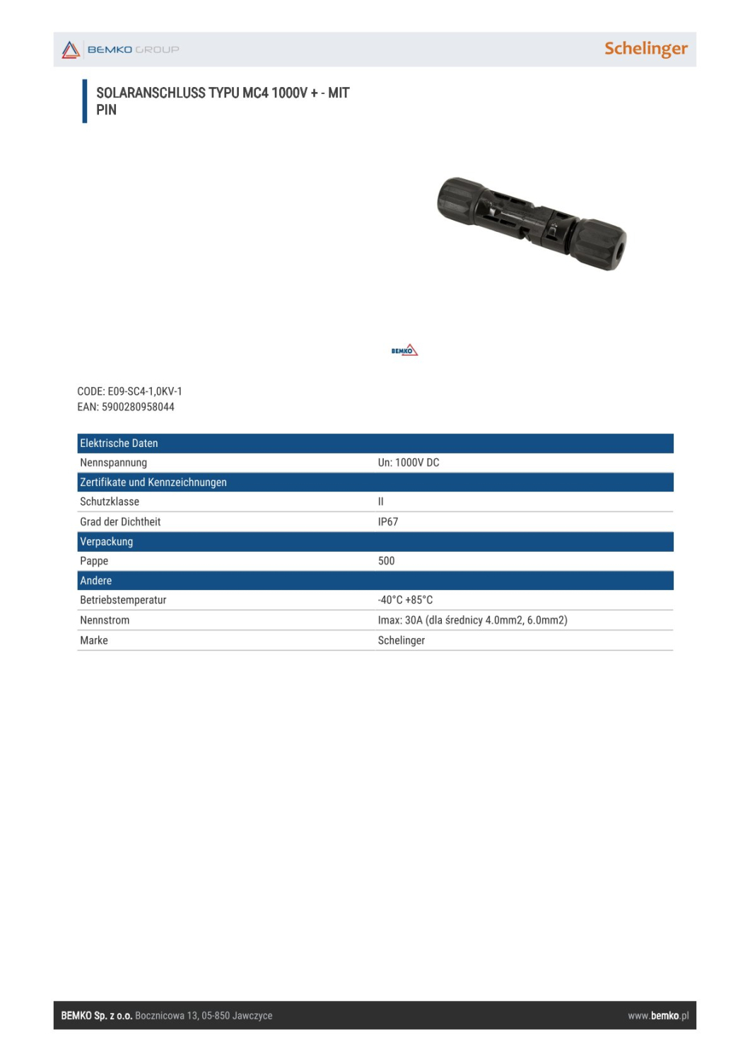 Schelinger Solaranschluss TYPU MC4 1000V DC mit PIN E09-SC4-1,0KV-1