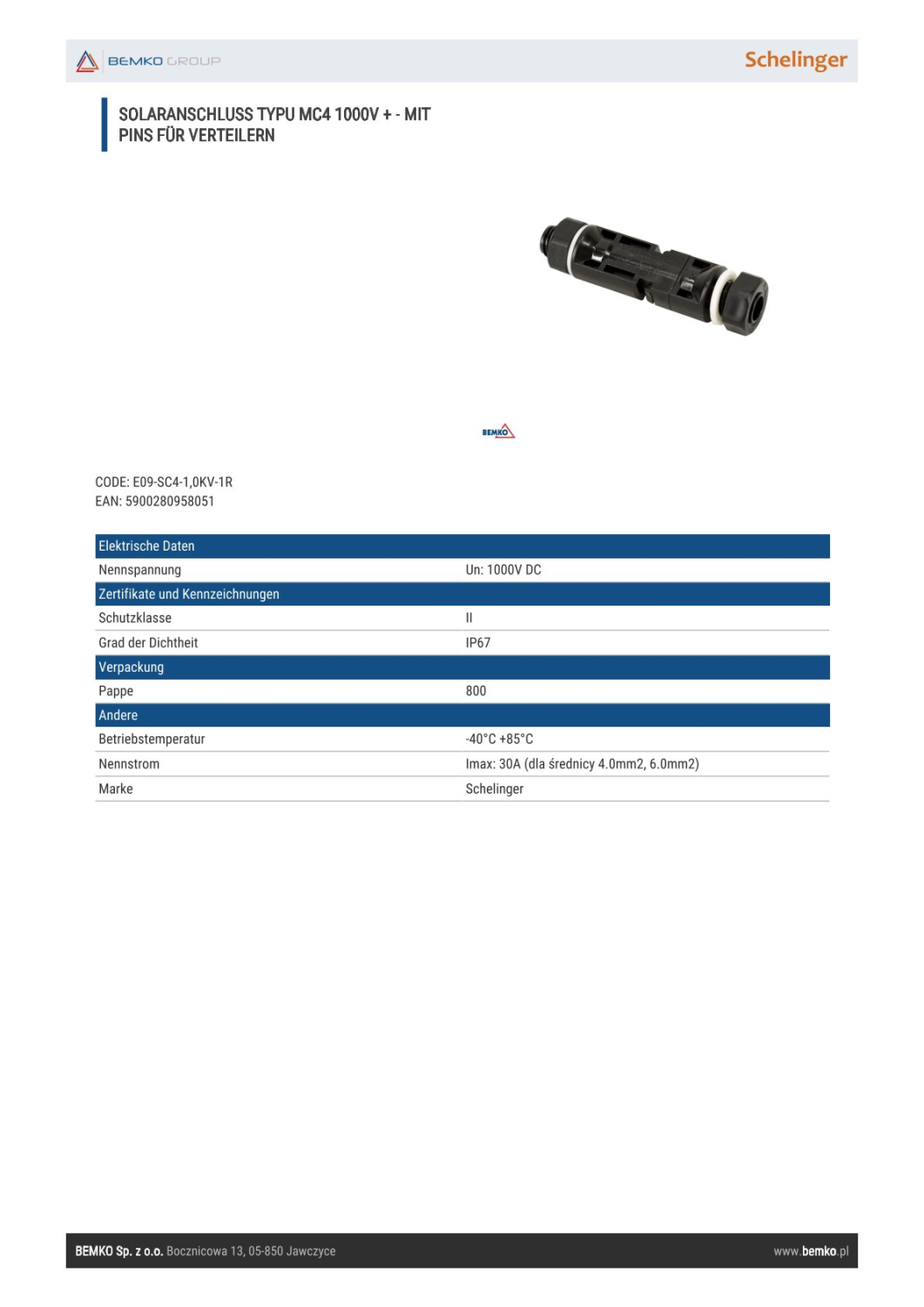 Schelinger Solaranschluss TYPU MC4 1000VDC mit PIN für verteilern, E09-SC4-1,0KV-1R