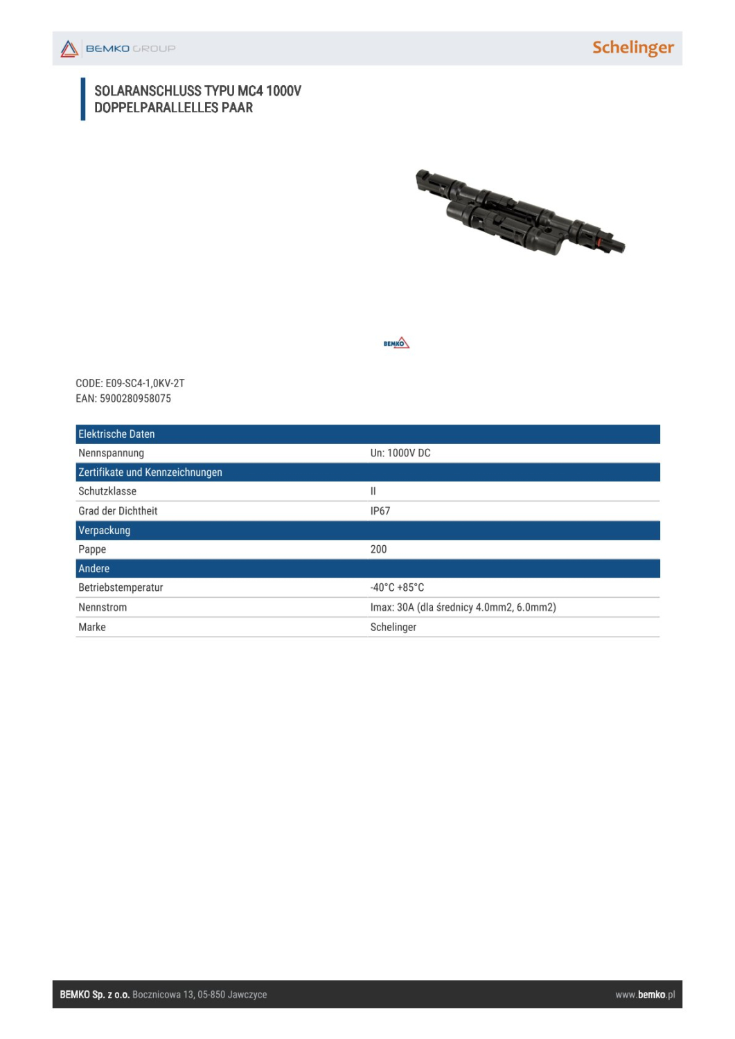 Schelinger Solaranschluss TYPU MC4 1000V DC doppelparallelles Paar E09-SC4-1,0KV-2T
