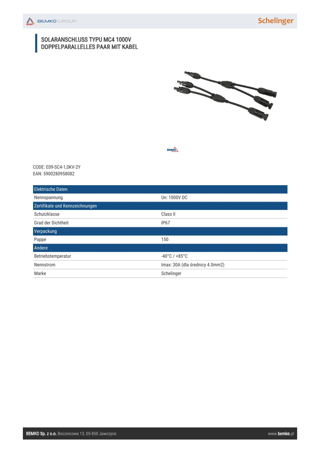 Schelinger Solaranschluss TYPU MC4 1000V DC doppelparallelles Paar mit Kabel E09-SC4-1,0KV-2Y