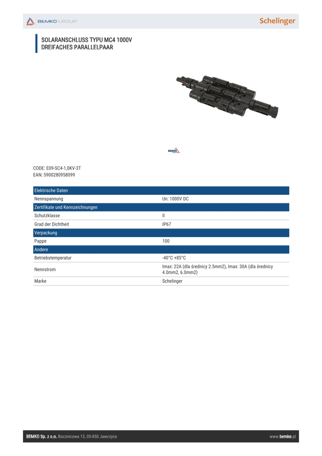 Schelinger Solaranschluss TYPU MC4 1000V DC dreifaches Parallellpaar E09-SC4-1,0KV-3T