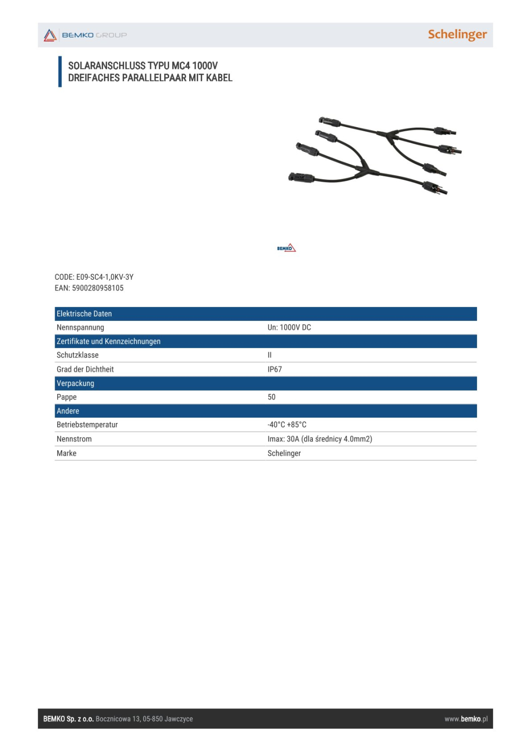 Schelinger Solaranschluss TYPU MC4 1000V DC dreifaches Parallellpaar mit Kabel E09-SC4-1,0KV-3Y