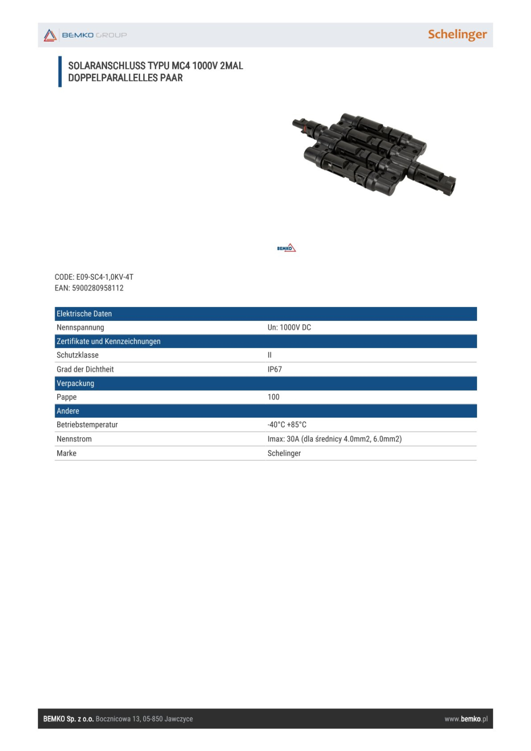 Schelinger Solaranschluss TYPU MC4 1000V DC 2x doppelparallelles Paar E09-SC4-1,0KV-4T