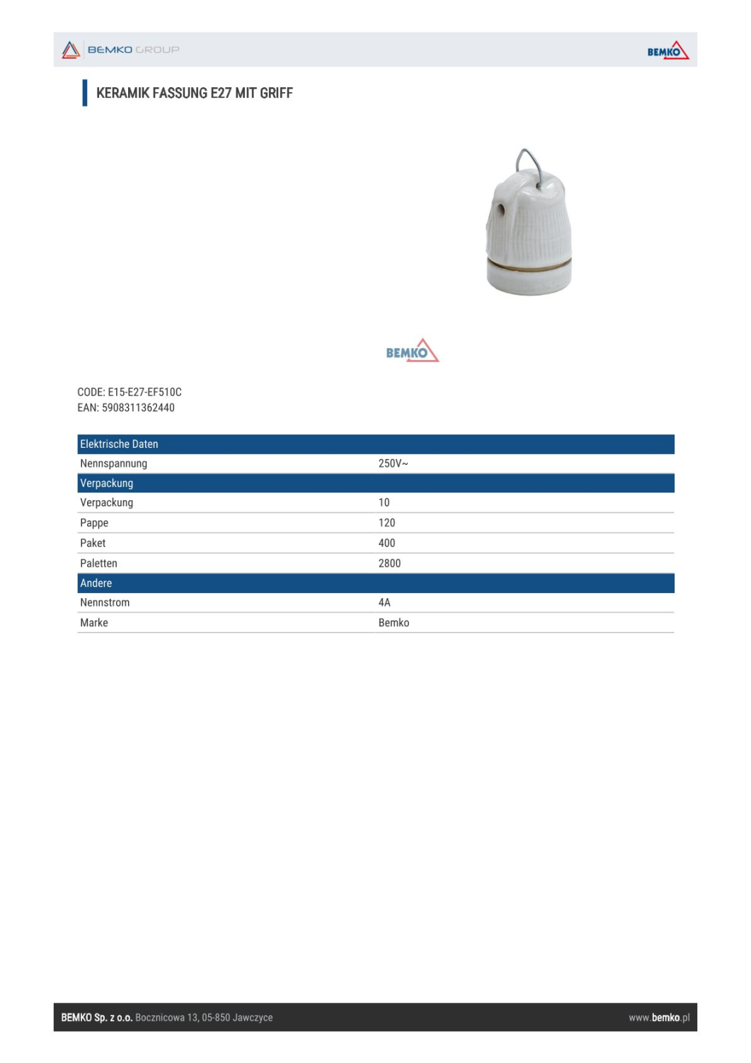 Bemko E27 Fassung Keramik mit Griff VDE E15-E27-EF510C