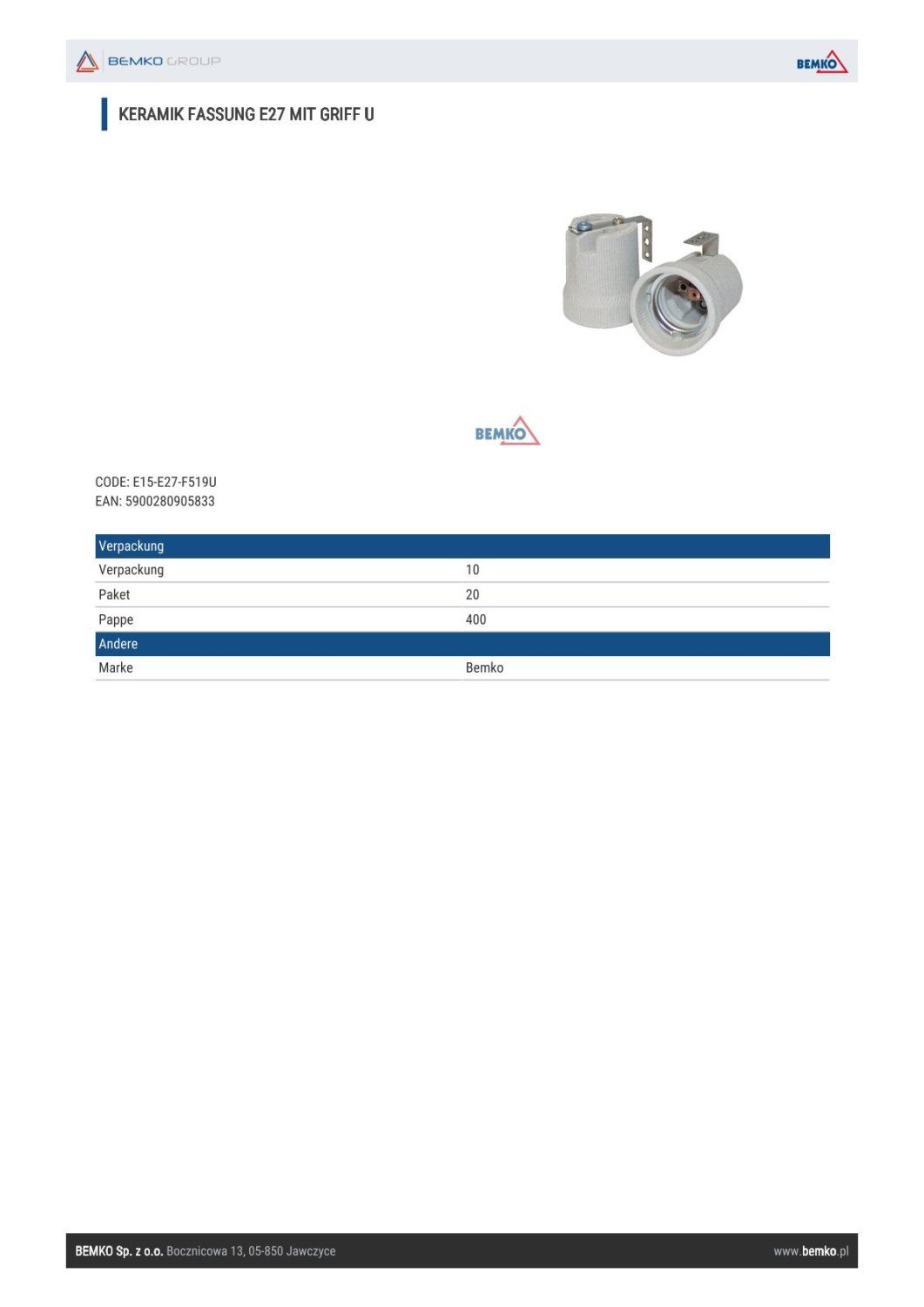 Bemko GU10 Fassung Keramik mit Griff U E15-E27-F519U VDE