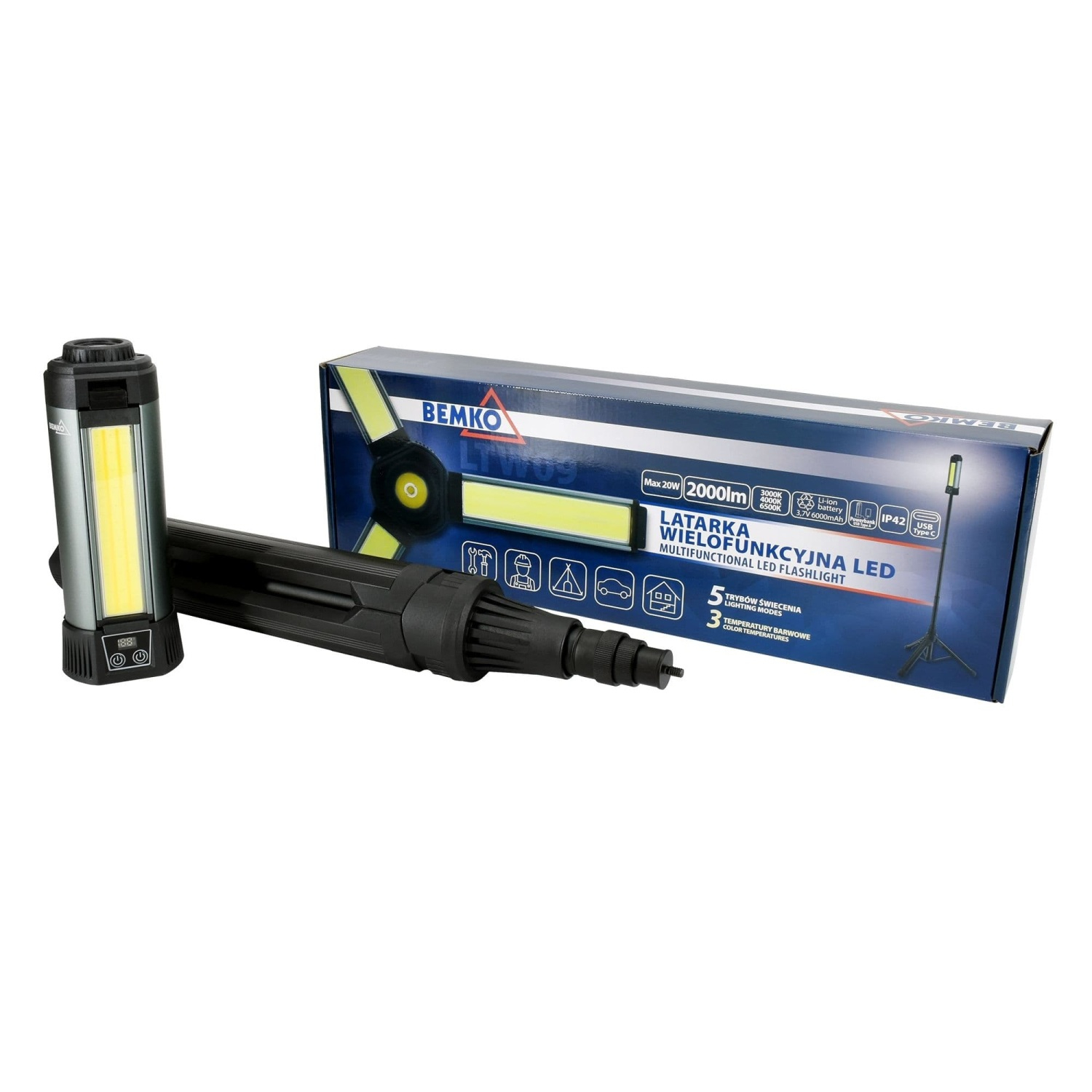 Bemko Multifunktions LED Taschenlampe Baustrahler 6000mAh IP42 3000K/4000K/6500K 2000Lm Stativ