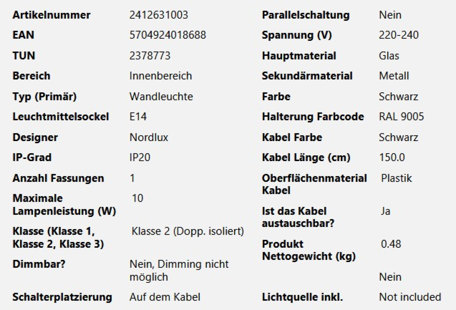 Wandleuchte Milford Mini Nordlux Schwarz Glas E14 2412631003