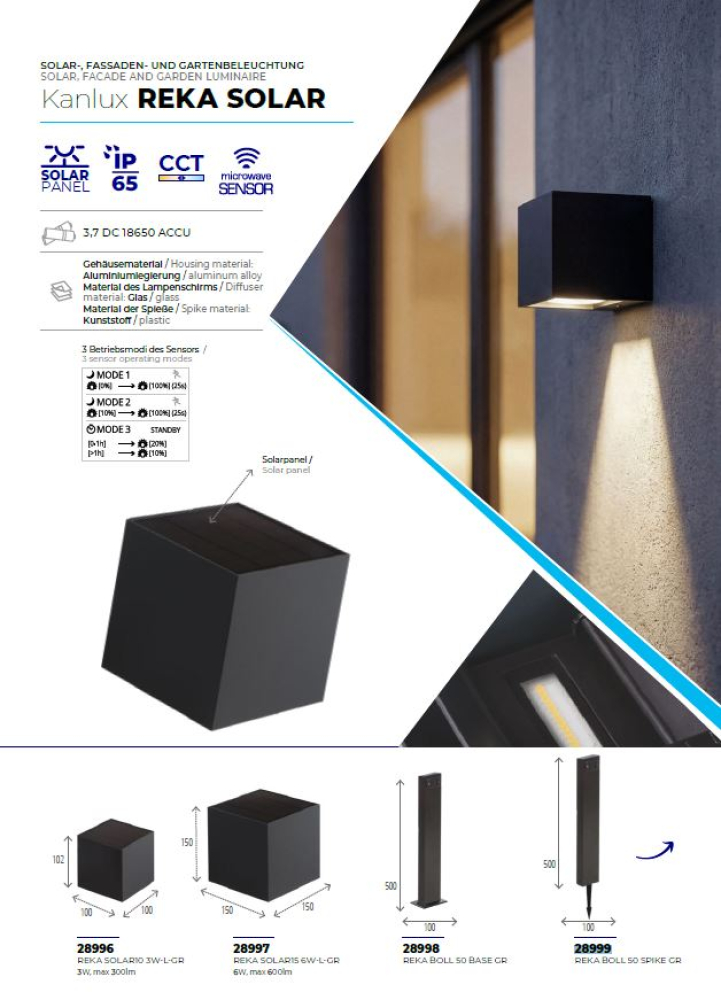 Kanlux LED Solarleuchte REKA CCT 3000/4000/6500K Mikrowellen Sensor grau 6W IP65 28997