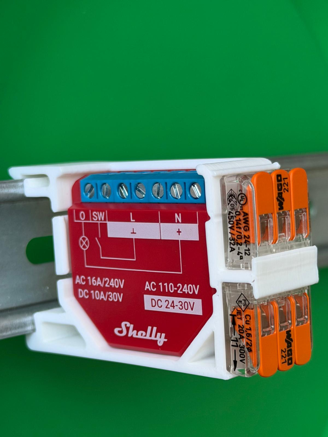 SOIXX Hutschienenhalter für Shelly Wave und 2x WAGO-Verbindungsklemmen 90 Grad