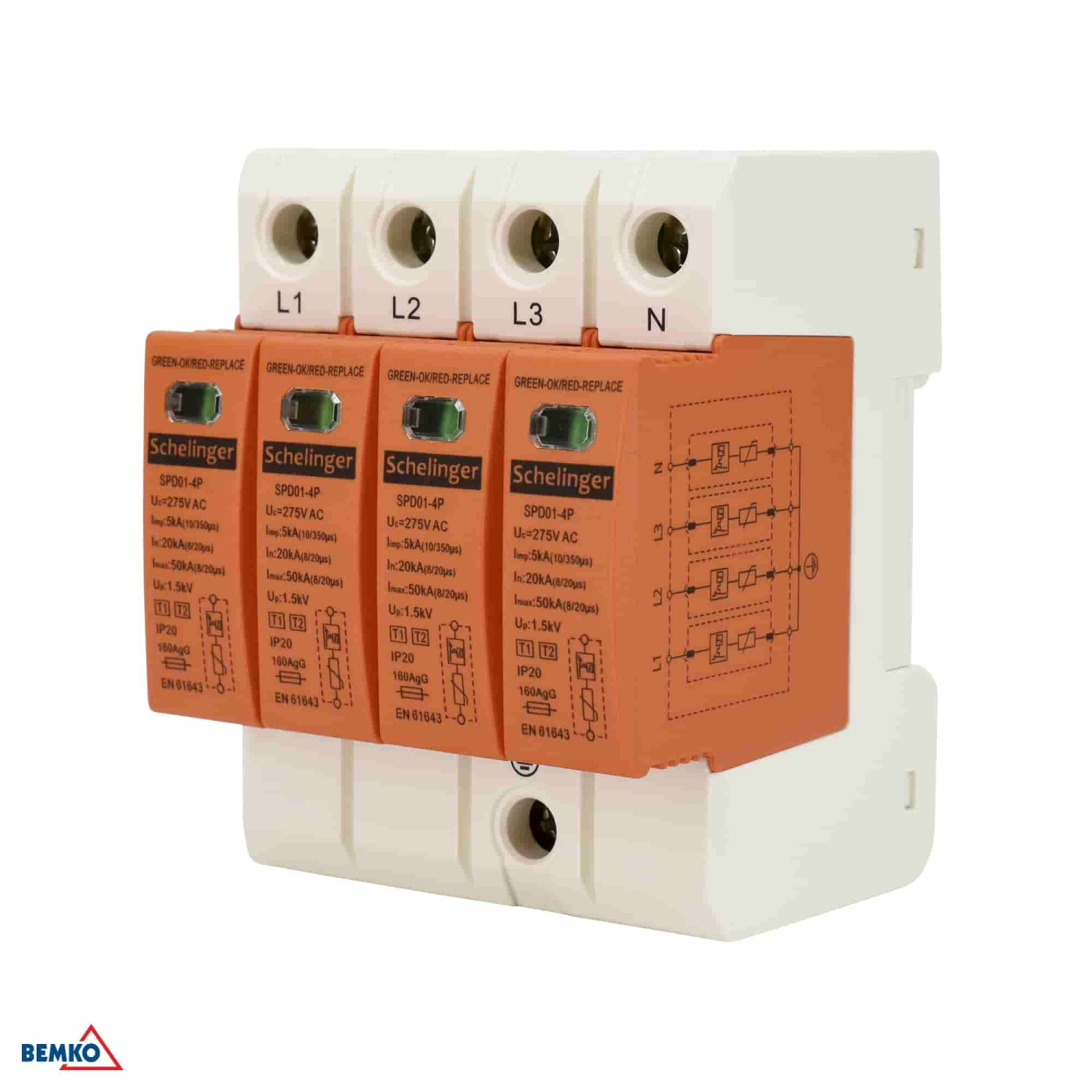 Schelinger Überspannungsschutz 4P 5kA(10/350) Typ T1+T2 (B+C) A51-SPD01-4P-B+C